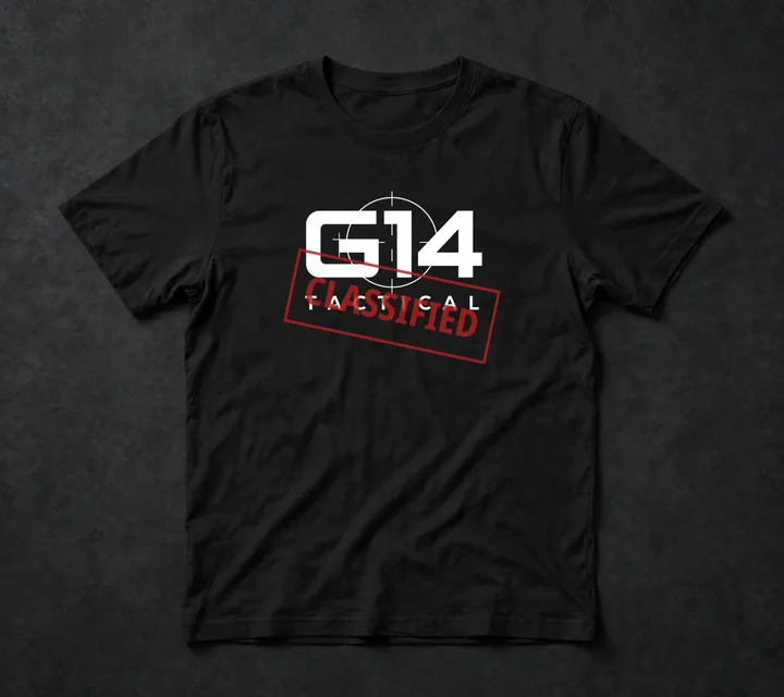 Mockup: Black G14 Tactical tee with the wordmark and red CLASSIFIED stamp
