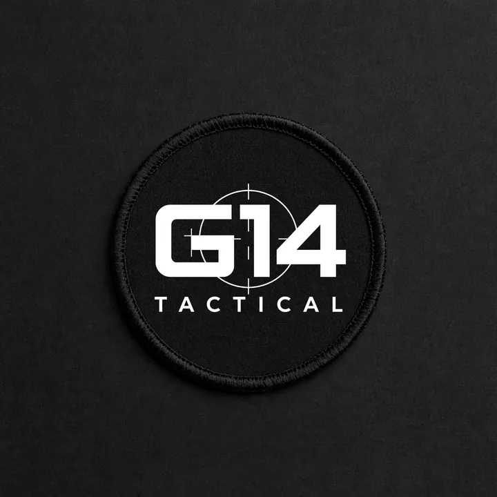 Mockup: Black G14 Tactical round stitched patch with the wordmark