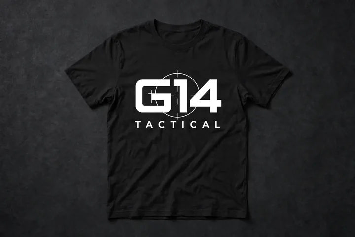 Mockup: Black G14 Tactical tee with the wordmark on the front