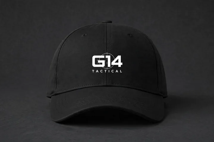 Mockup: Black G14 Tactical cap with the wordmark on the front