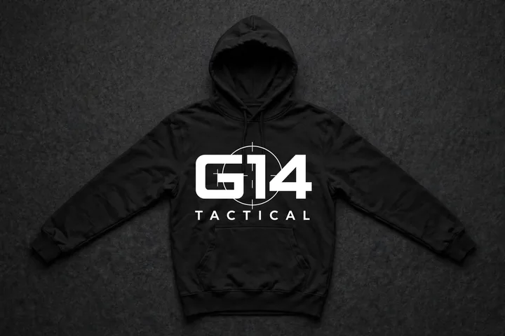 Mockup: Black G14 Tactical pullover hoodie with the wordmark on the front