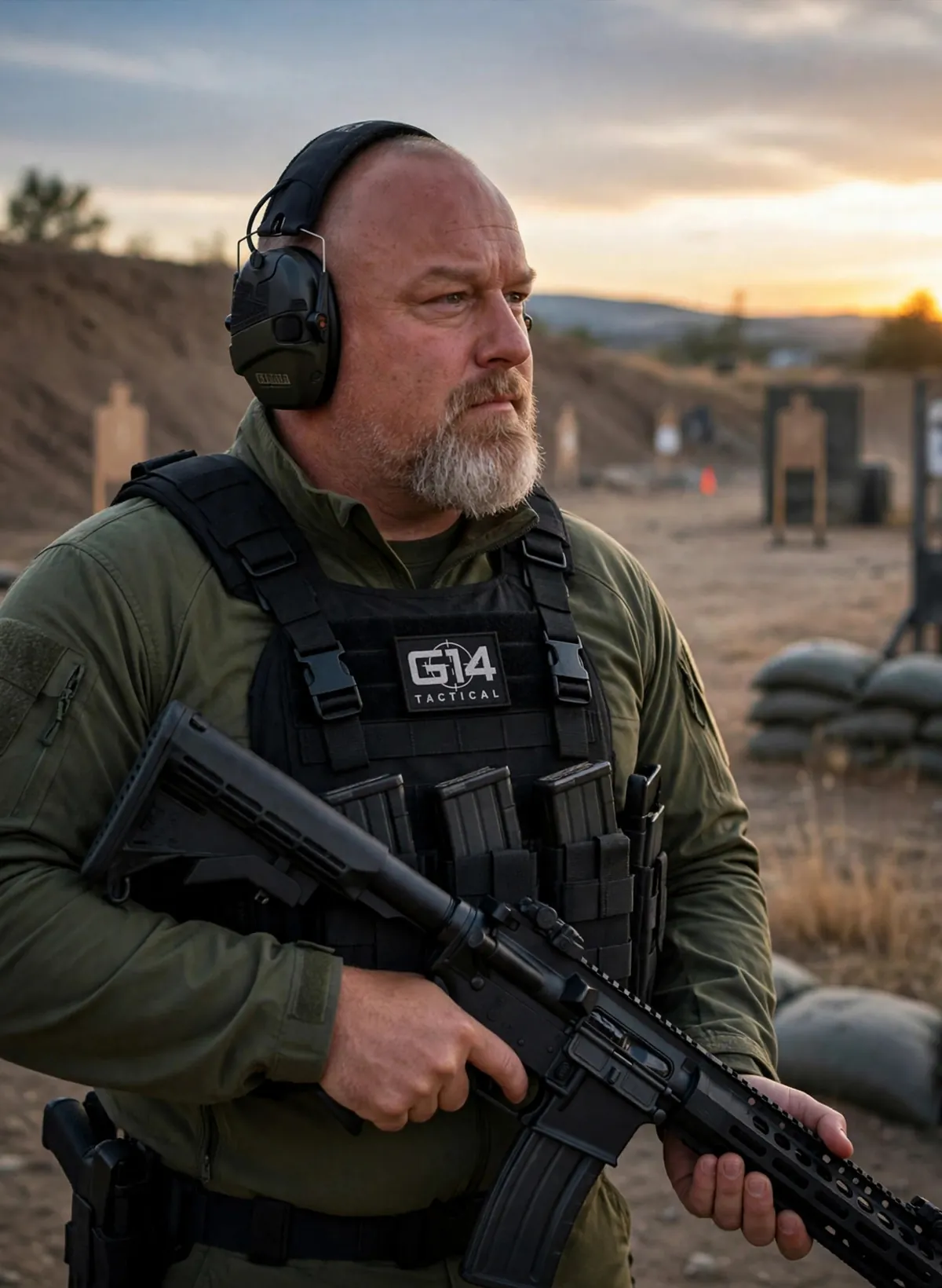 Lee Bell, founder of G14 Tactical, at an outdoor range at dusk, wearing a plate carrier with a small stitched G14 patch